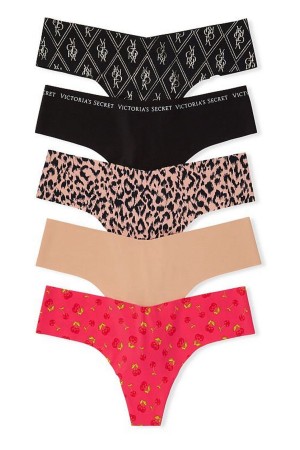 Victoria's Secret 5 Pack No Show Lanières Knickers Black/Nude/Red Print | XBEN-74390