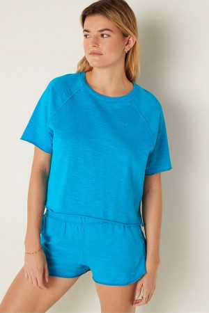 Victoria's Secret Coton Slub Corta Sleeve Crew Crop T-Shirt Bleu | BRPF-78261