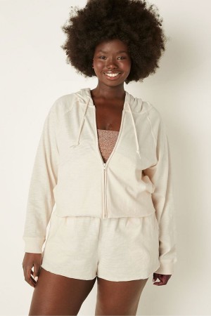 Victoria's Secret Coton Slub Crop Cut Off Full Zip Jacket Creamer | WIDS-56492