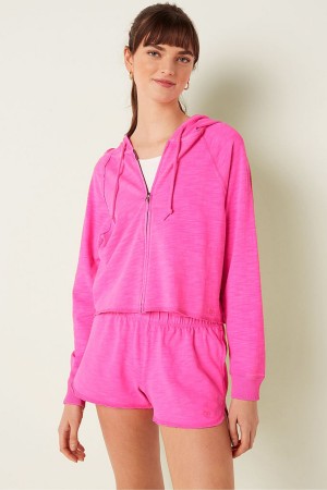 Victoria's Secret Coton Slub Crop Cut Off Full Zip Hoodie Rose | VNMU-69784