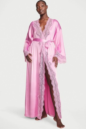 Victoria's Secret Dentelle Trim Satin Long Robe Rose | XYVP-57891