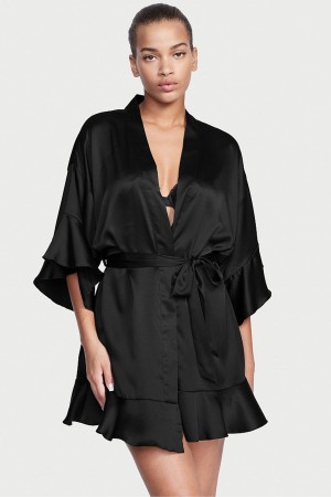 Victoria's Secret Flounce Satin Robe Noir | LCVY-98217