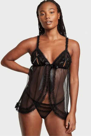 Victoria's Secret Ruffle Peekaboo Babydoll Noir | XCFY-42165