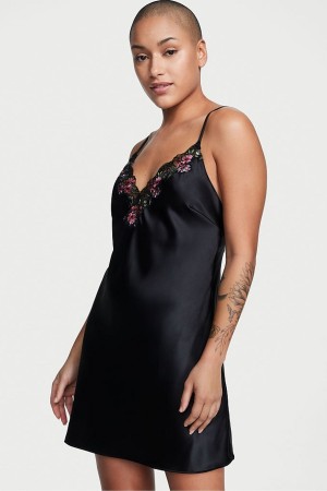 Victoria's Secret Satin Embroidered Slip Robe Noir | IPHM-32867