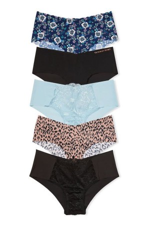 Victoria's Secret Sexy Illusions by Victorias Secret No Show Cheeky Knickers 5 Pack Black/Leopard/Blue | VANT-93205