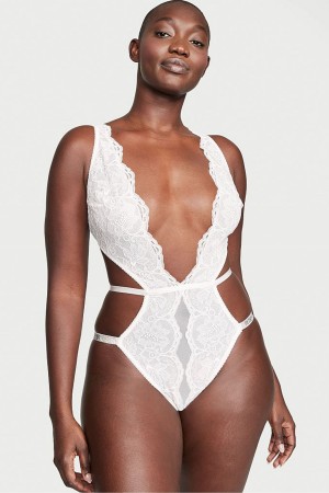 Victoria's Secret Shine Brides Plunge Dentelle Bodysuit Blanche | TIWX-03597