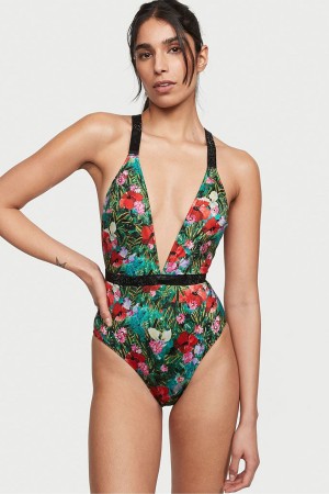 Victoria's Secret Shine Brides Plunge One Piece Swimsuit Noir | HOYL-28753