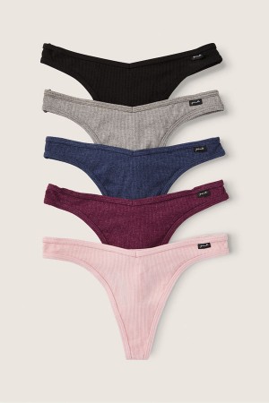 Victoria's Secret Stretch Coton Coton Lanières Knickers 5 Pack Black/Grey/Blue/Burgundy/Pink | PJID-34275