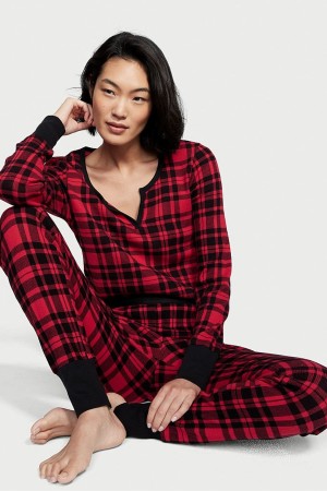 Victoria's Secret Thermal Long Sleeve Pyjamas Noir Rouge | AWBG-17985