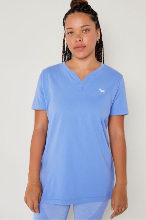 Victoria's Secret V Neck Corta Sleeve T-Shirt Bleu | COAR-74213