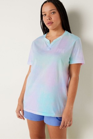 Victoria's Secret V Neck Corta Sleeve T-Shirt Bleu | MSGU-04592