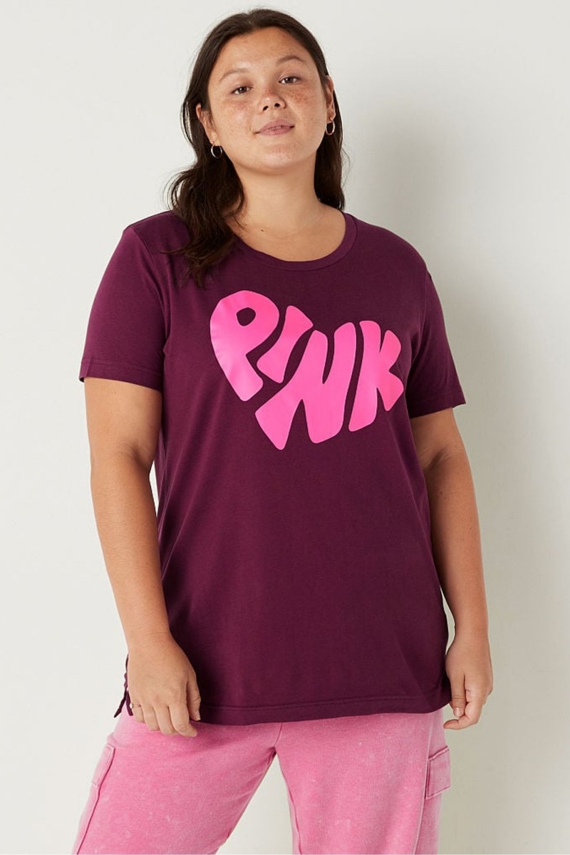 Victoria\'s Secret Coton Corta Sleeve Campus T-Shirt Bordeaux Rose | EGJX-89630
