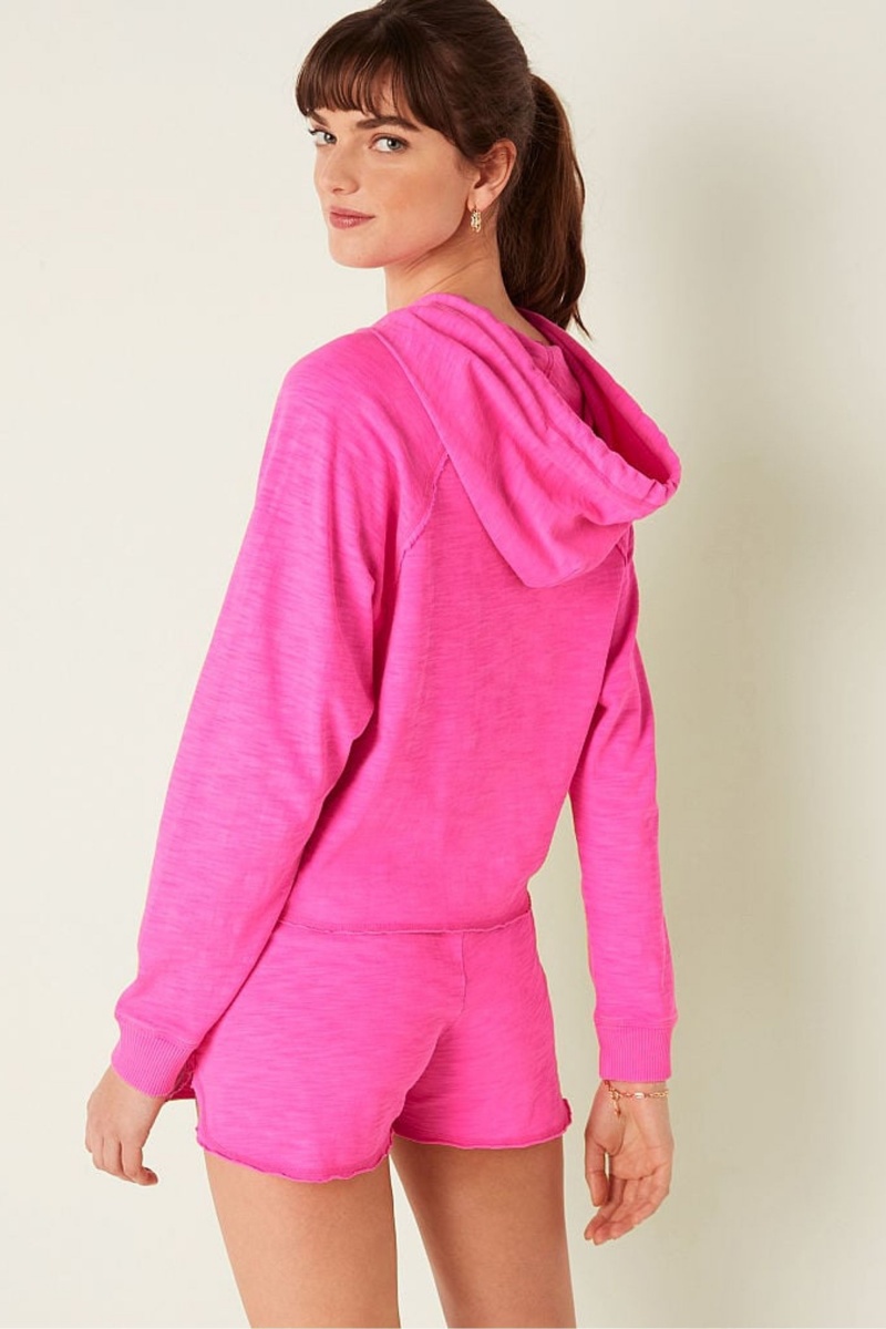 Victoria's Secret Coton Slub Crop Cut Off Full Zip Hoodie Rose | VNMU-69784