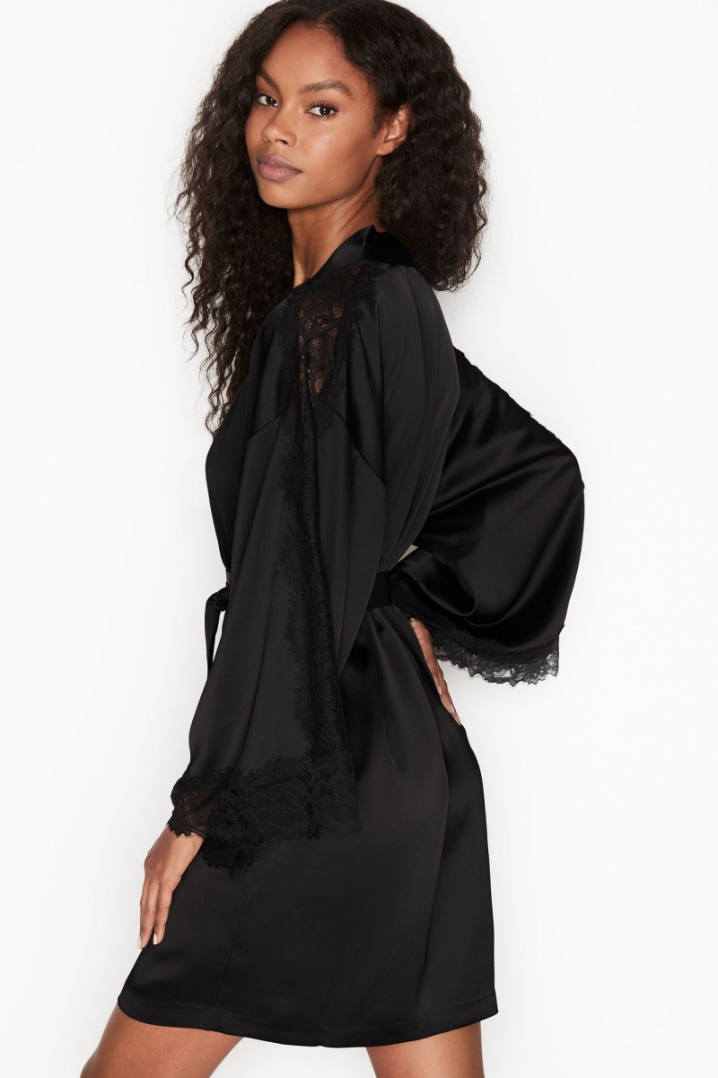 Victoria's Secret Dentelle Inset Kimono Robe Noir | CQPV-24786