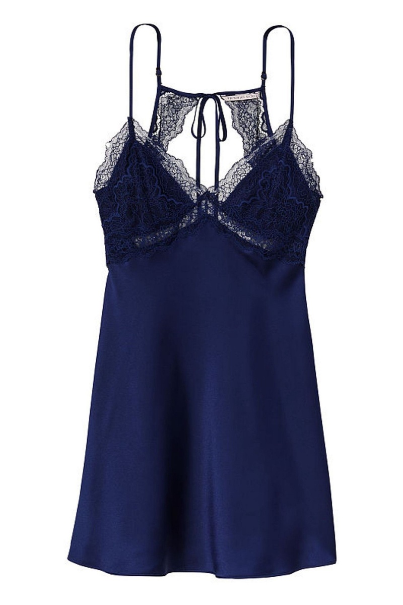 Victoria's Secret Dentelle Plunge OpenBack Slip Robe Bleu Marine Bleu | CSZB-21840