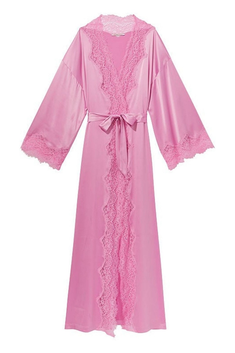 Victoria's Secret Dentelle Trim Satin Long Robe Rose | XYVP-57891