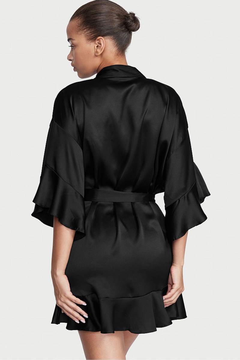 Victoria's Secret Flounce Satin Robe Noir | LCVY-98217