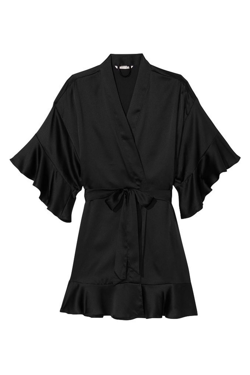 Victoria's Secret Flounce Satin Robe Noir | LCVY-98217