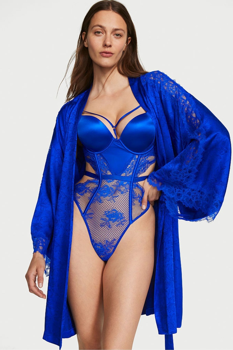 Victoria's Secret Satin Dentelle Robe Bleu | EHFY-73941