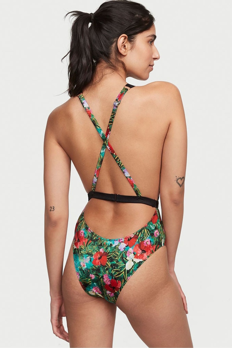 Victoria's Secret Shine Brides Plunge One Piece Swimsuit Noir | HOYL-28753