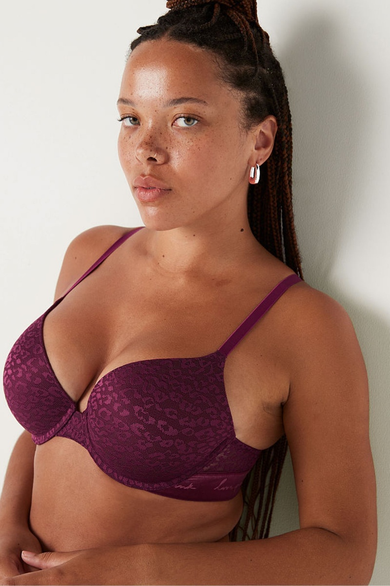 Victoria\'s Secret Wear Everywhere Dentelle Lightly Doublée Push Up T-Shirt Bra Bordeaux Violette | AGLQ-78036