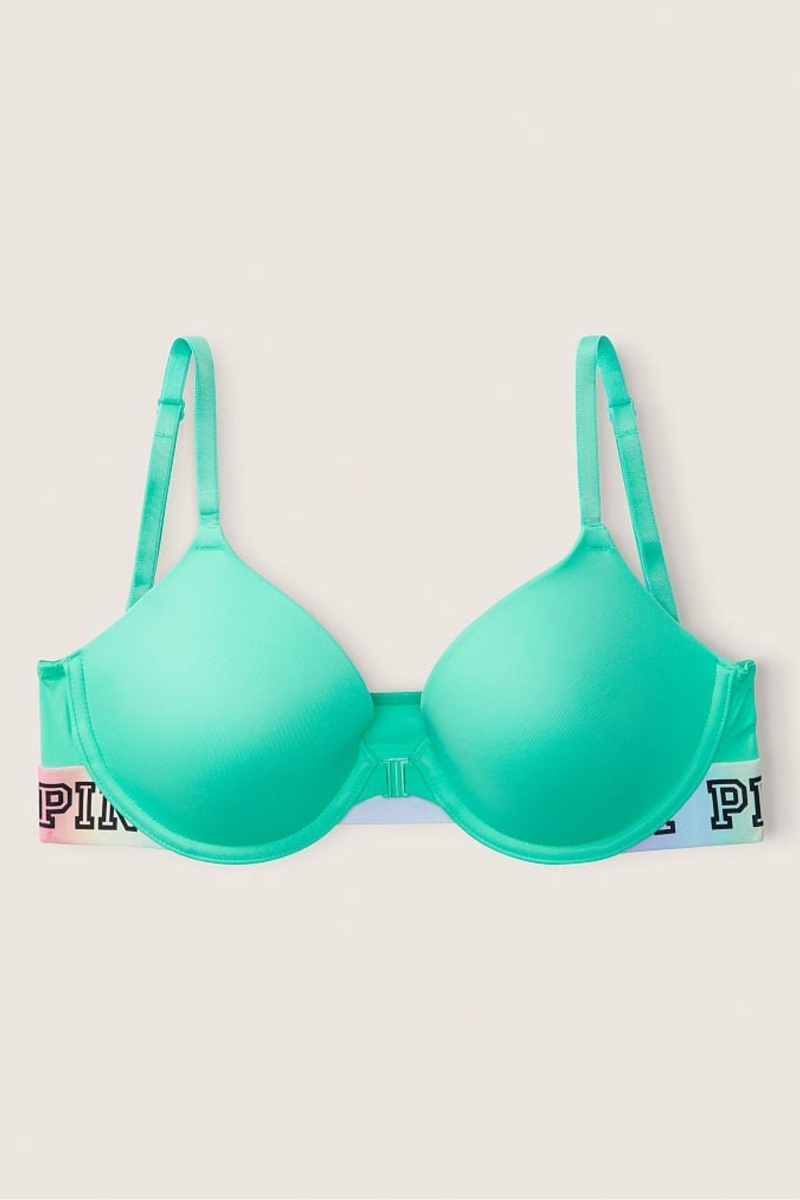 Victoria's Secret Wear Everywhere Front Close T-Shirt Lightly Doublée Demi Bra Teal Ice W/ Rainbow Bb | ZIDM-42371